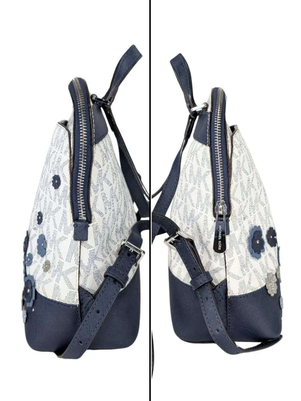 Michael Kors Blue White Signature Emmy PVC Flower Embellished Small Backpack